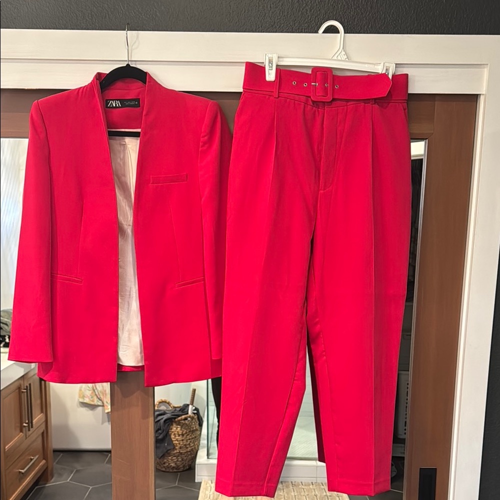 Zara Vibrant Red Belted Trousers with Matching Blazer